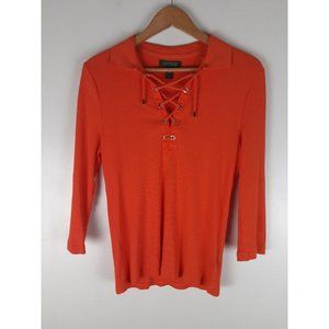 Lauren Ralph Lauren Orange 3/4 Sleeve Lace Up Neck Shirt Top 100% Cotton L